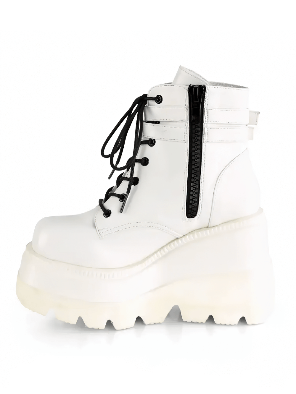 DEMONIA White Platform Ankle Boots with Buckled Straps