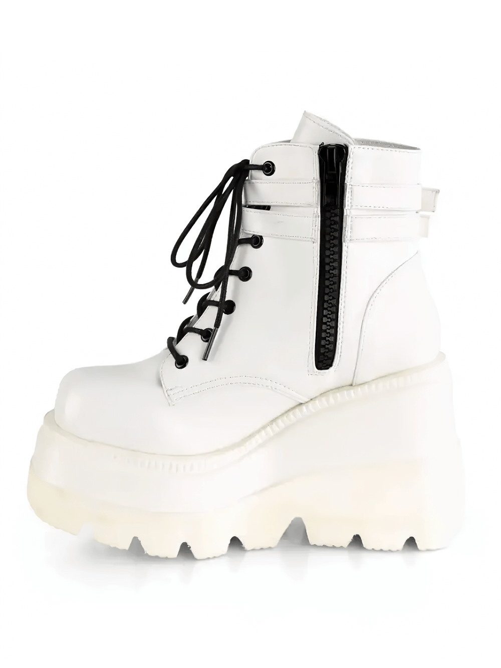 Daring Demonia white platform ankle boots featuring lace-up front and double buckled straps for edgy style.