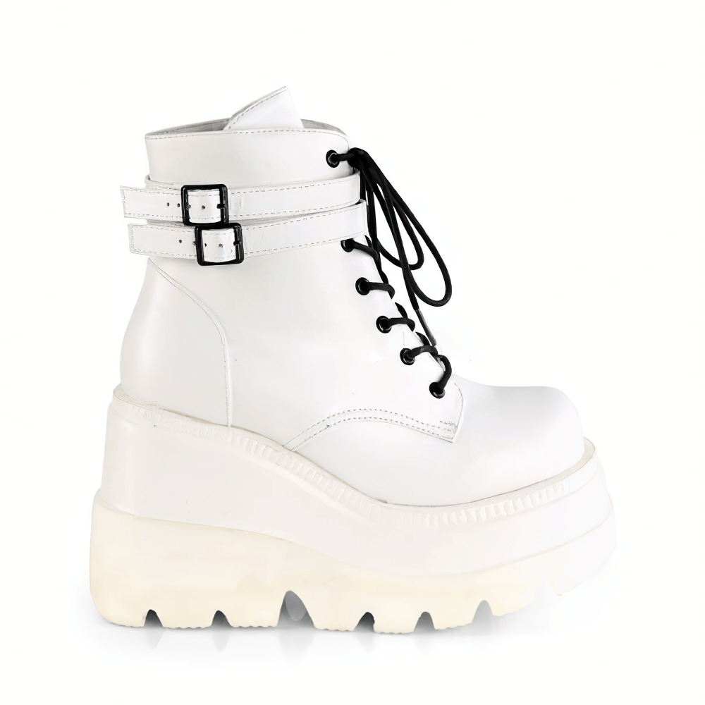 DEMONIA White Platform Ankle Boots with Buckled Straps