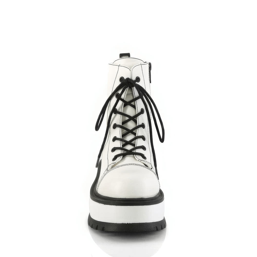 DEMONIA White Platform Ankle Boots with Lace-Up Front