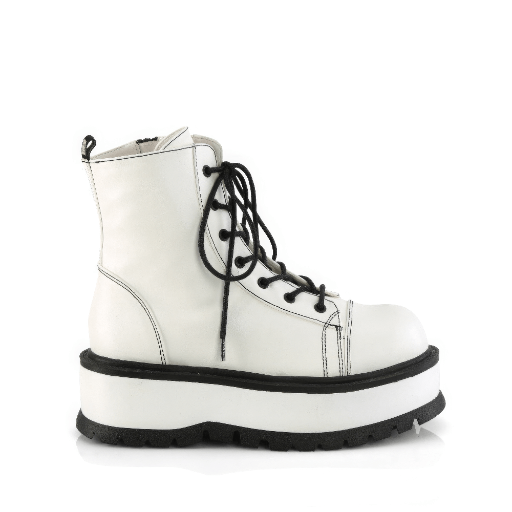 DEMONIA White Platform Ankle Boots with Lace-Up Front