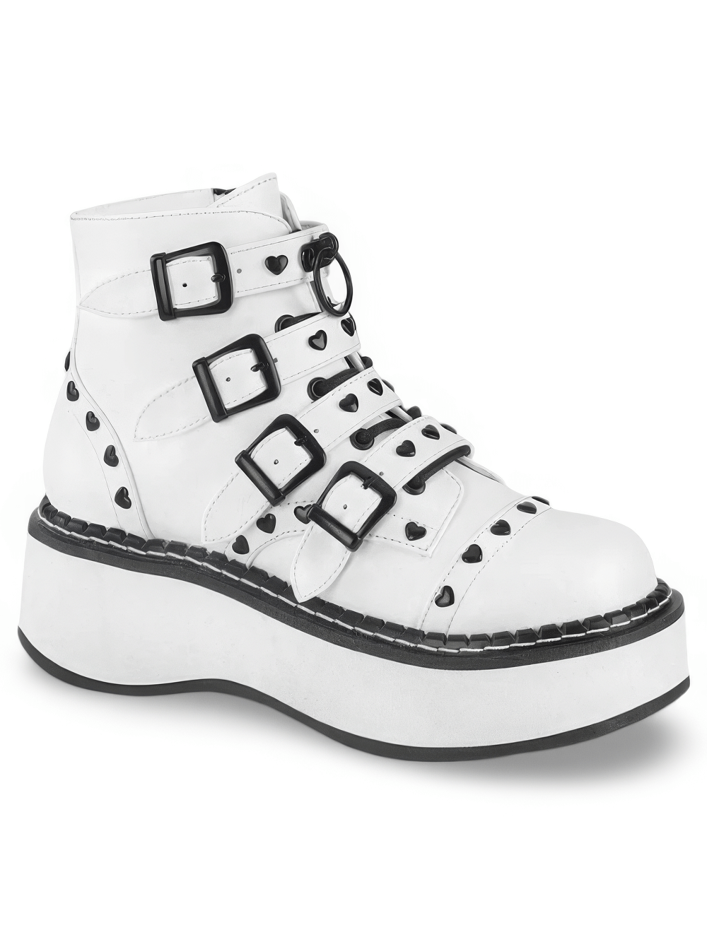 DEMONIA White Platform Buckle Strap Boots with Heart Studs