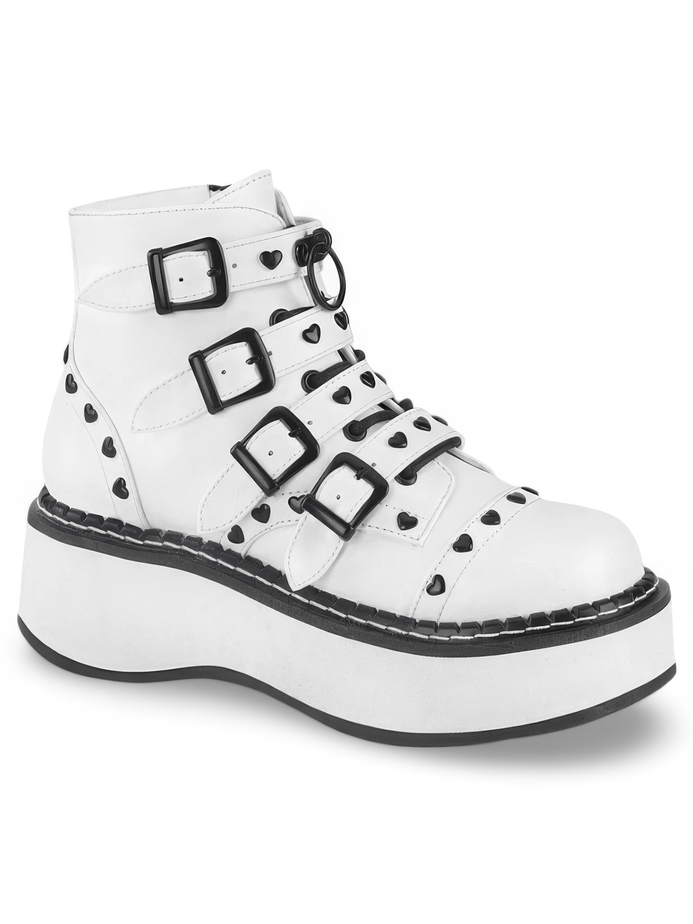 Demonia white platform buckle strap ankle boots with heart studs and O-ring detail.