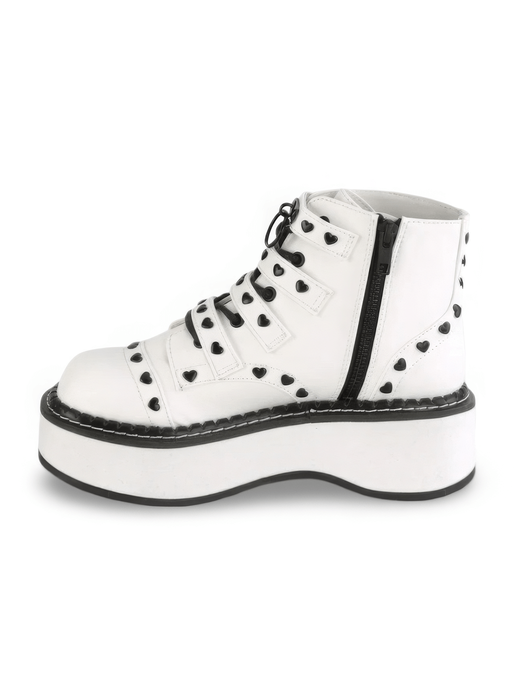 Demonia white platform buckle strap ankle boot with heart studs, lace-up front and inside zip, perfect for bold fashion.