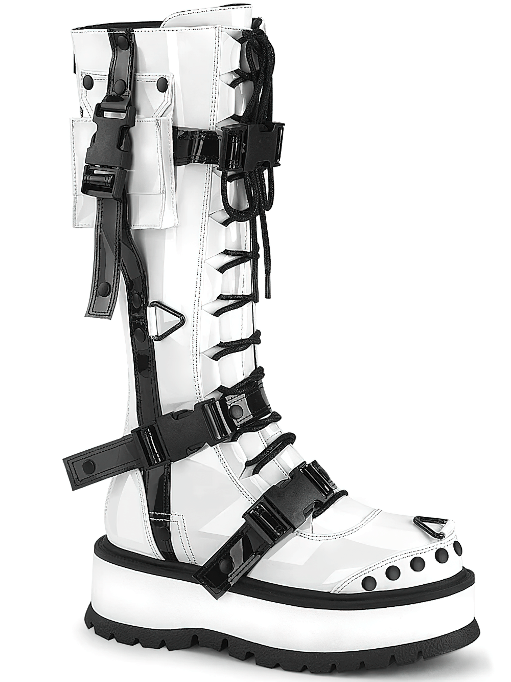 Demonia white platform knee-high boots featuring bold buckles, lace-up front, and a stylish side pocket.