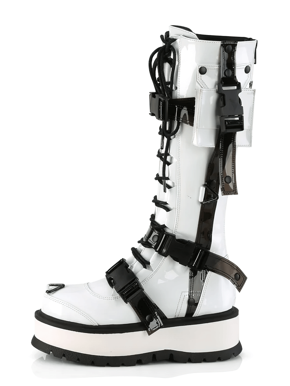 DEMONIA White Platform Knee-High Boots with Buckles
