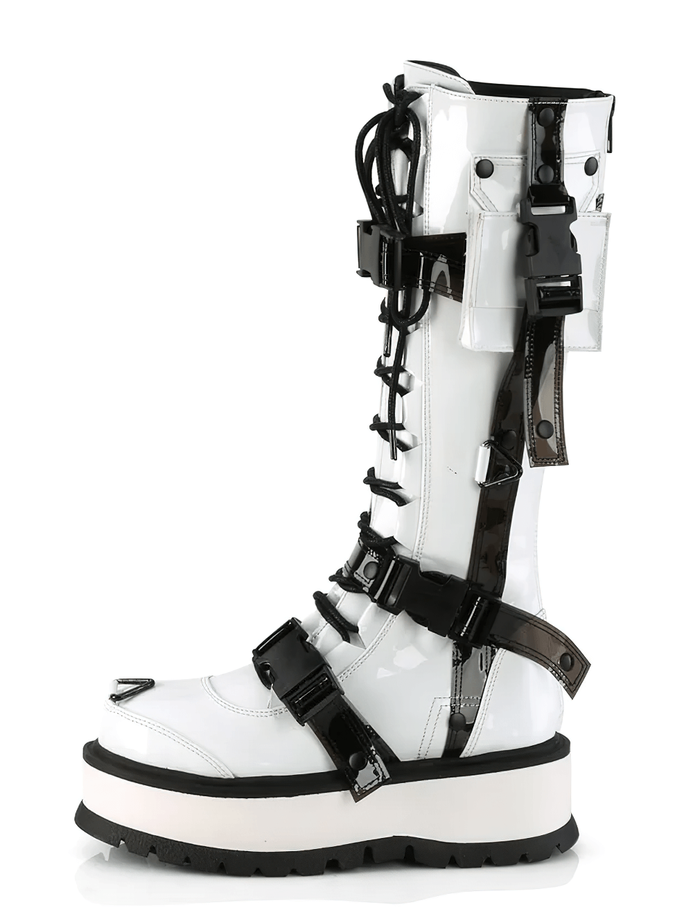 Demonia white platform knee-high boots with buckles and side pocket, perfect for making a bold fashion statement.