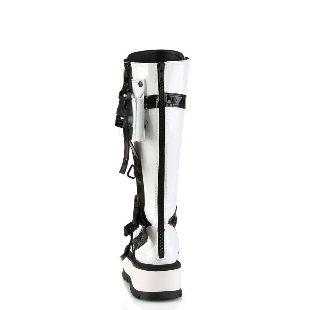 DEMONIA White Platform Knee-High Boots with Buckles