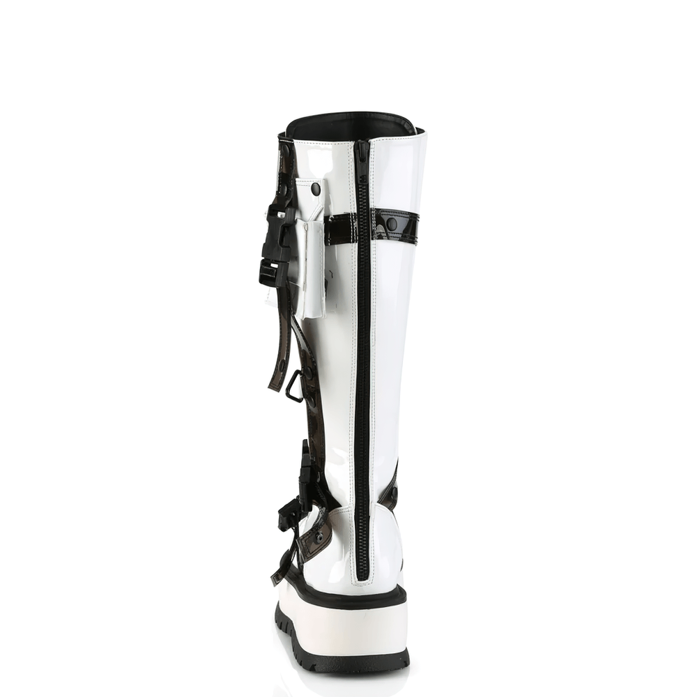 Demonia white platform knee-high boots with buckles and side pocket, showcasing the back view and metal zip closure.