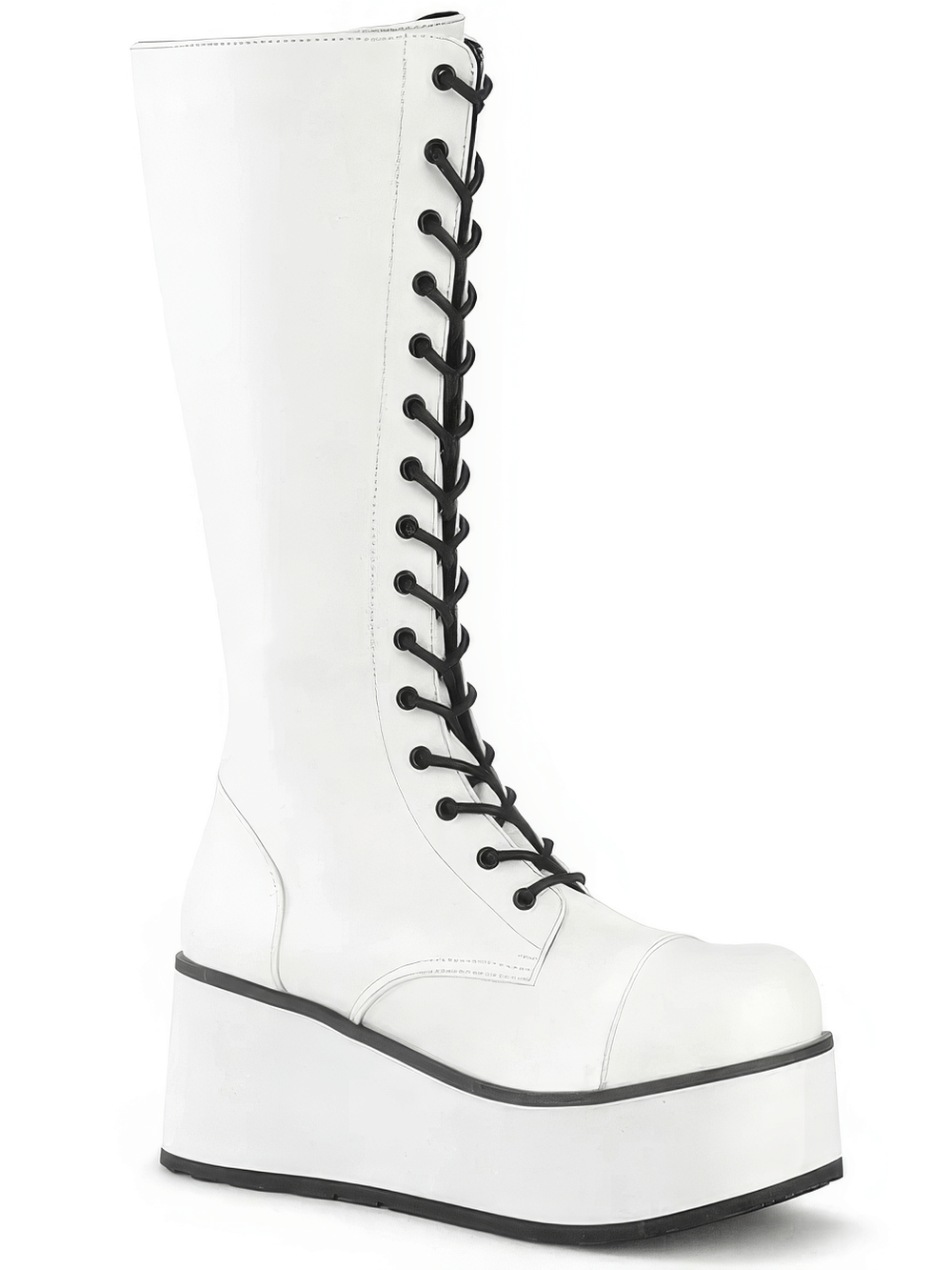 Trendy white platform knee-high boots with lace-up design and 8.3 cm heel for an edgy yet polished look.
