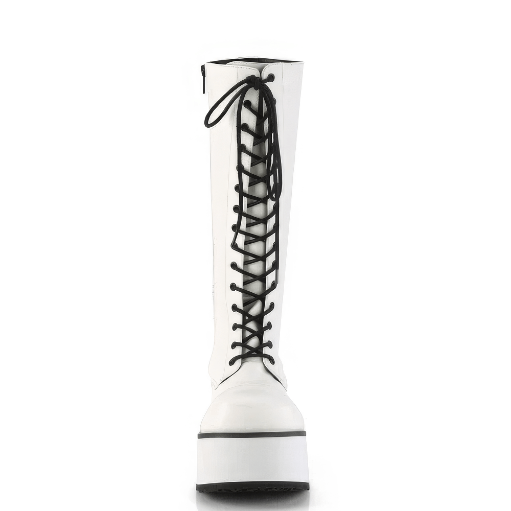 Trendy Demonia white platform knee-high boots with lace-up design and 8.3 cm platform height.