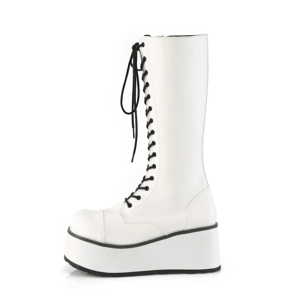 White platform knee-high boots with lace-up design and vegan leather, featuring a trendy 8.3 cm heel.