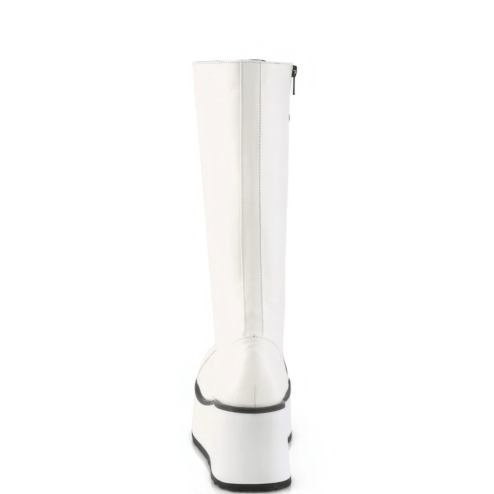 Demonia white platform knee-high boots featuring a sleek back view and zipper detail on a stylish design.