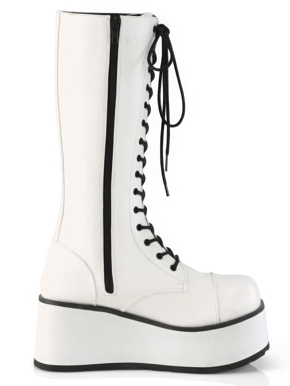 Demonia white platform knee-high boots with lace-up design and zipper, featuring a stylish elevated sole.