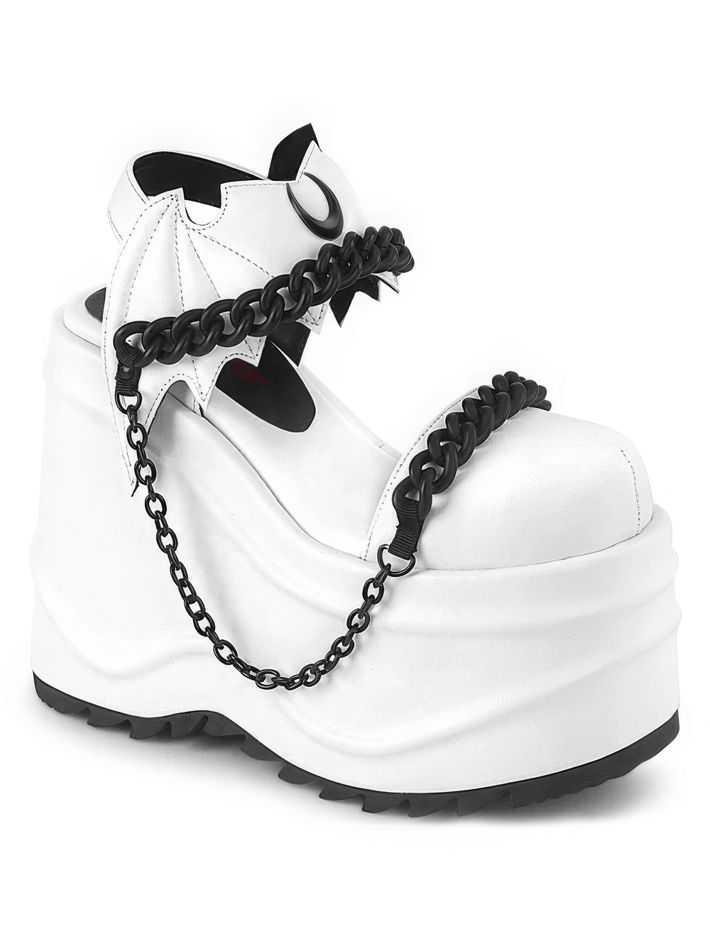 DEMONIA White Platform Shoes with Bat and Chain Accents