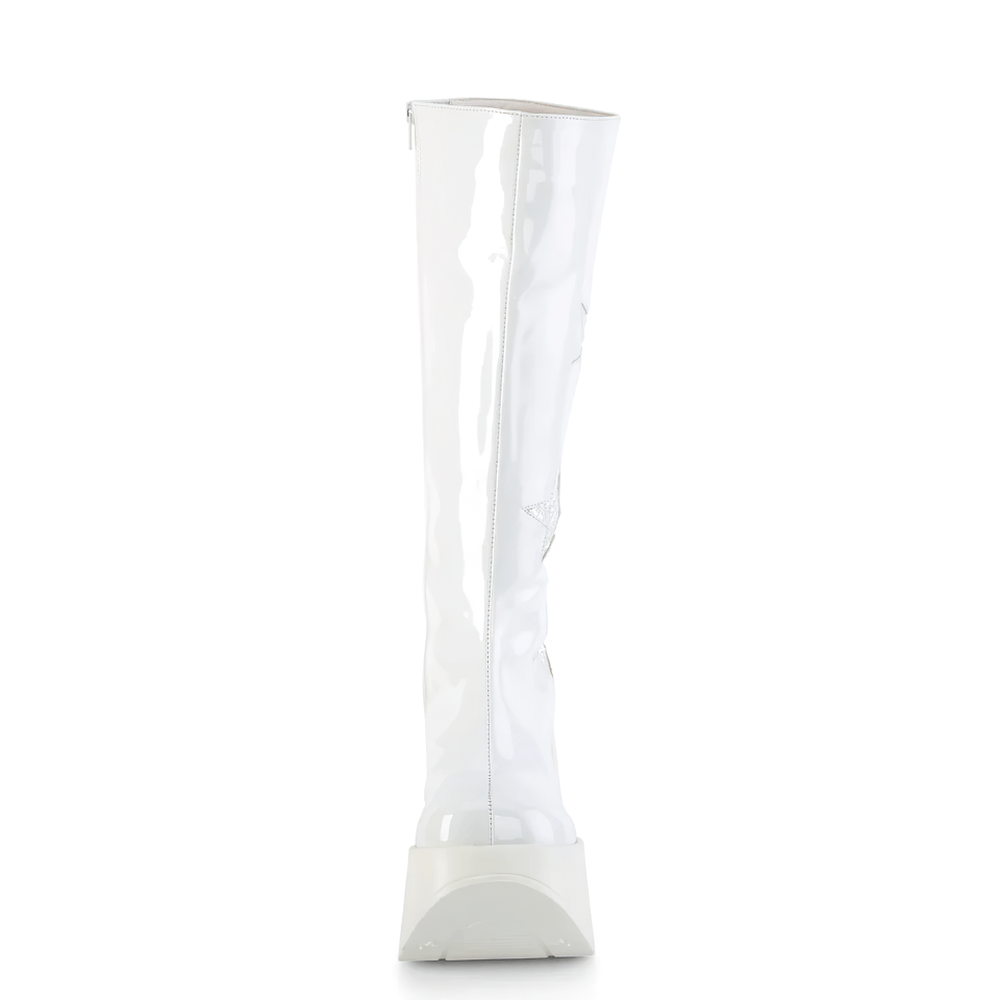 Demonia White Star Platform Wedge Boots with glitter, showcasing a shiny white finish and knee-high design.