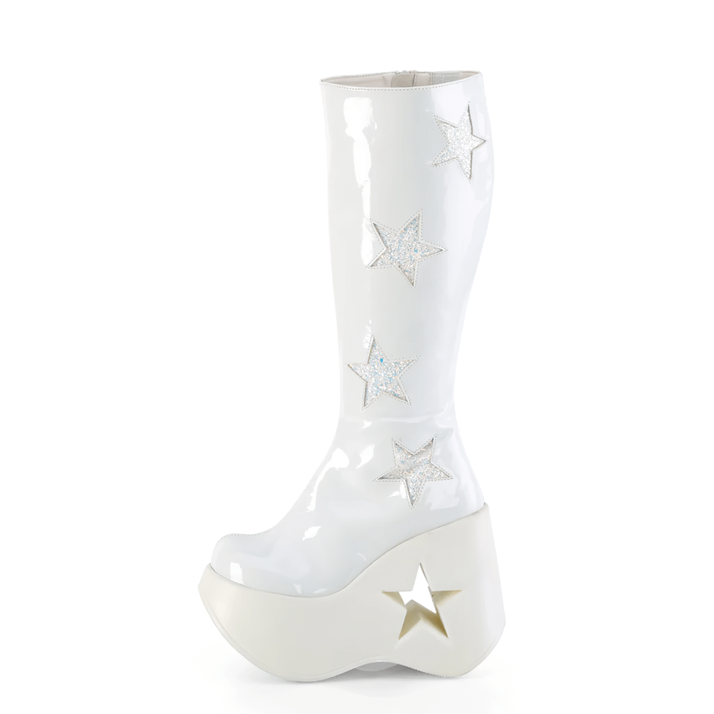 Demonia White Star Platform Wedge Boots featuring sparkling star patches and a glossy finish, perfect for bold fashion statements.