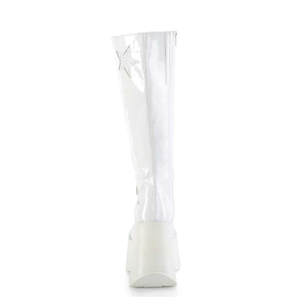 Demonia white star platform wedge boots with glitter, featuring a bold knee-high design and shiny patent finish.