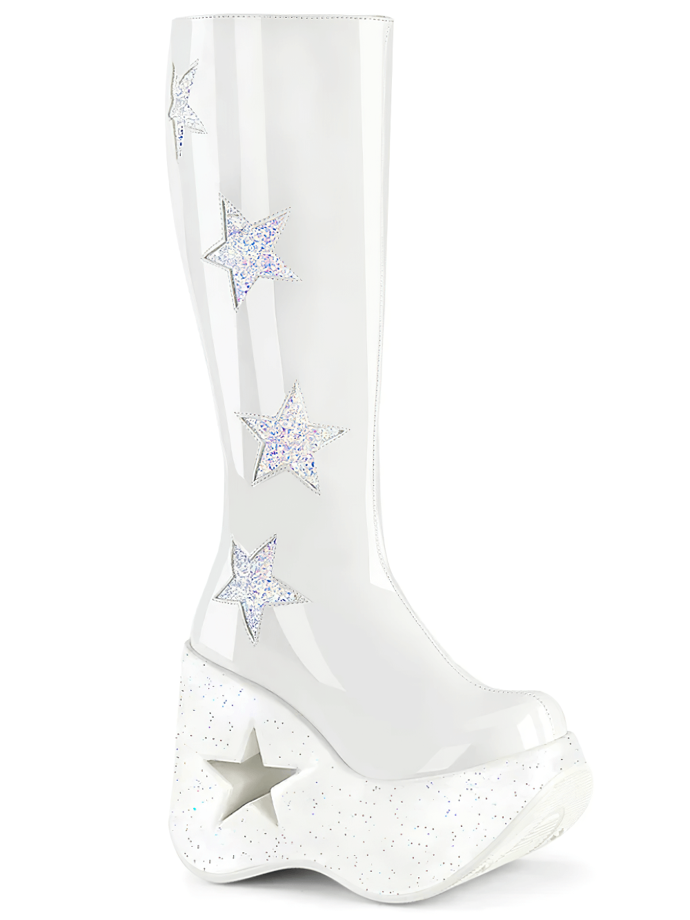 Demonia white star platform wedge boots with glitter, knee-high for bold fashion, shiny patent finish.