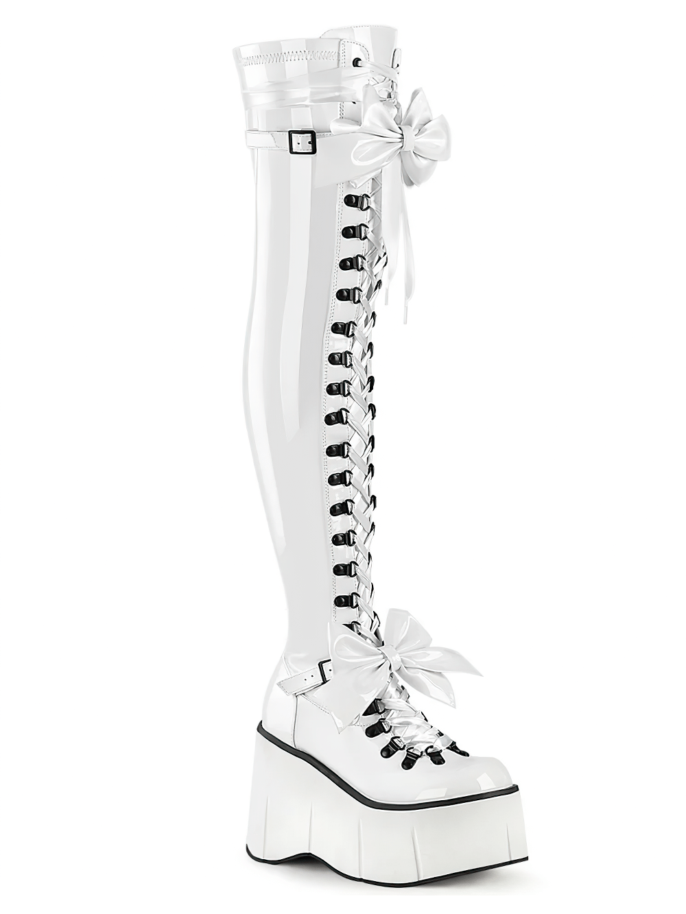 Demonia white thigh-high lace-up platform boots with adjustable bows and straps for stylish flair.