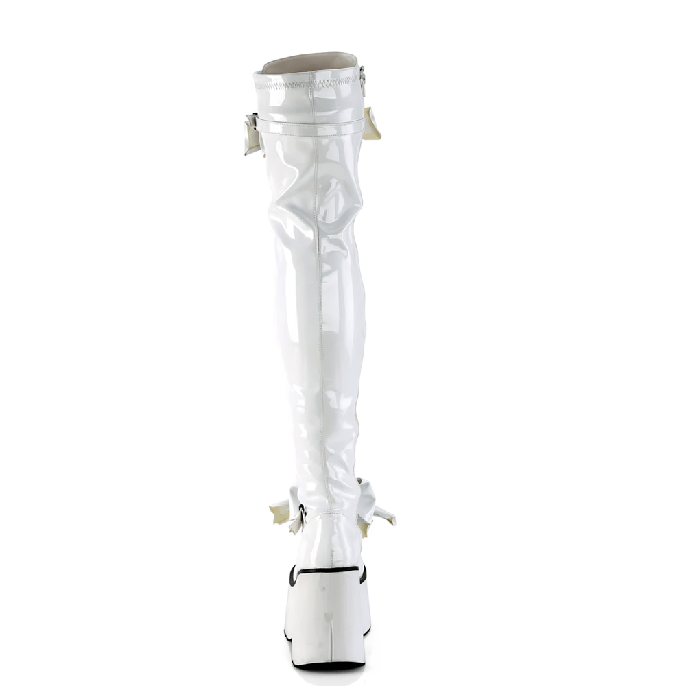 Demonia white thigh-high lace-up boots with bows and 4.5" wedge platform, showcasing stylish patent material.