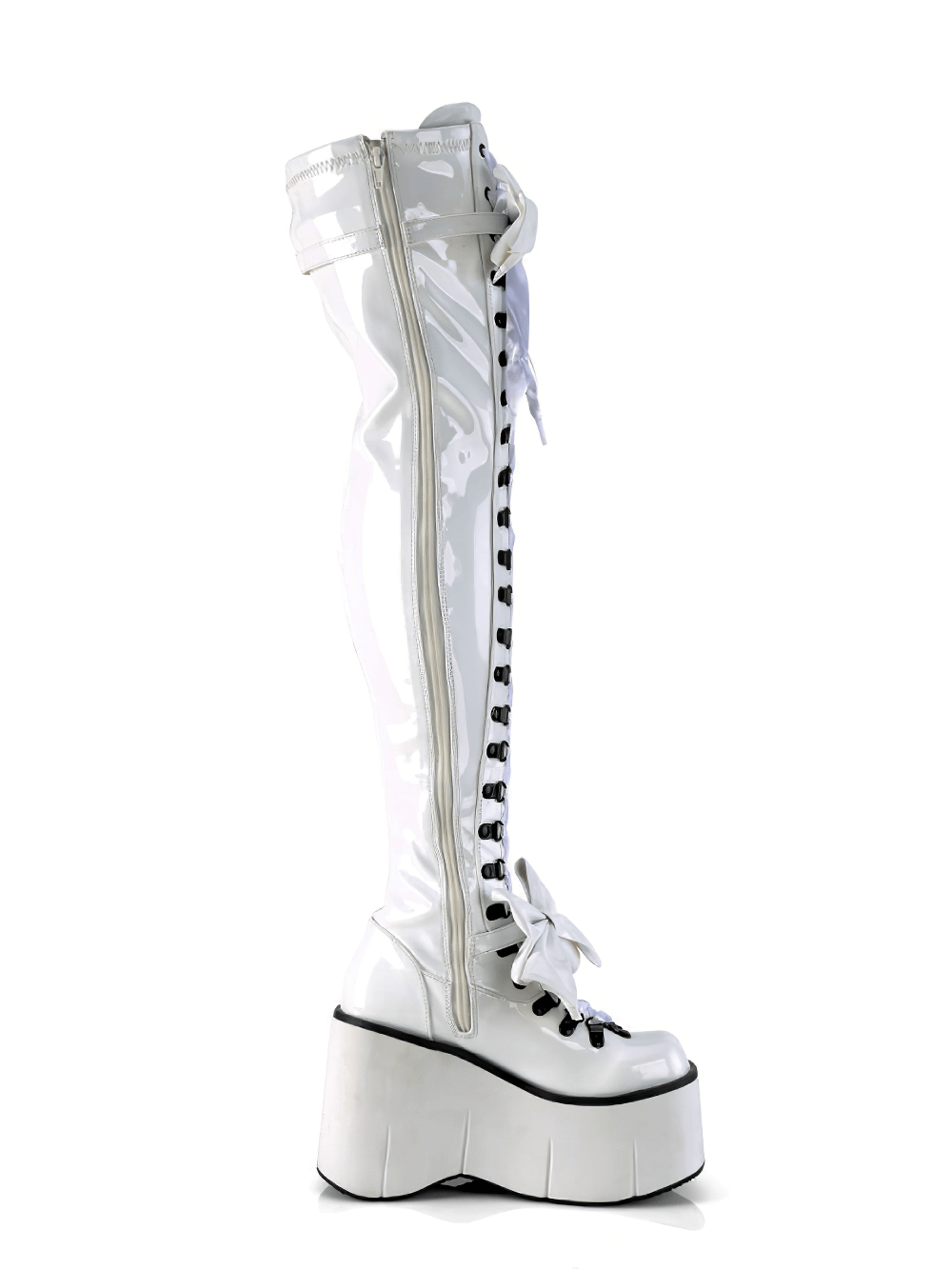 Demonia white thigh-high lace-up boots with bows and a 4.5" platform, featuring adjustable straps for stylish versatility.