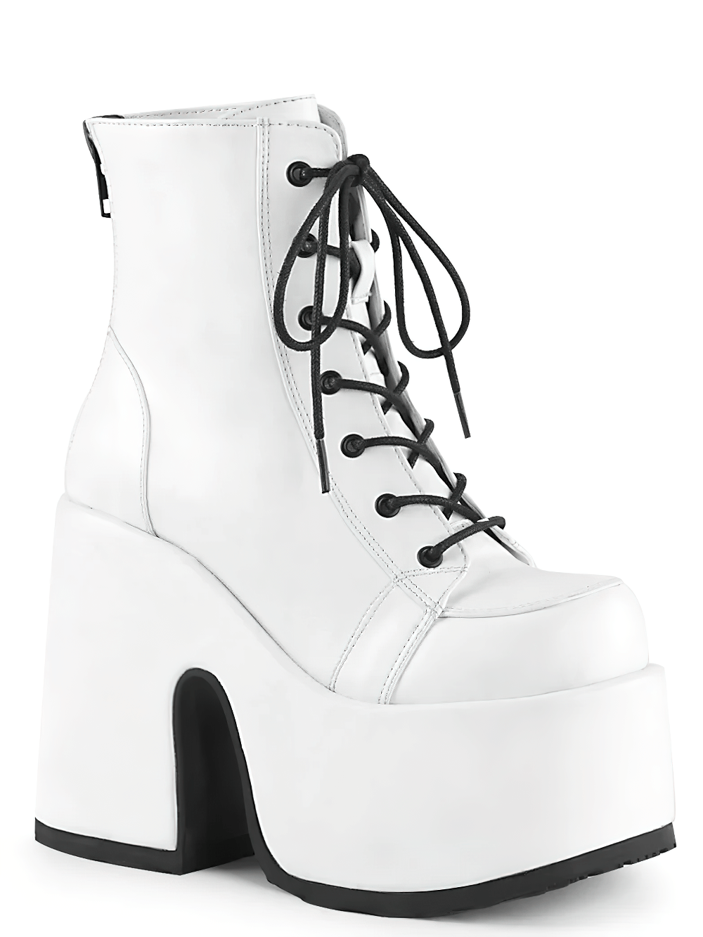 Demonia white vegan leather lace-up ankle boots with chunky 5-inch heel and 3-inch platform for a trendy look.