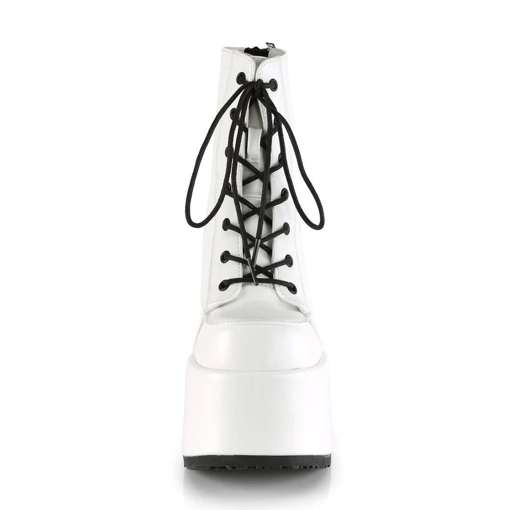 Demonia white vegan leather lace-up ankle boots with chunky platform and back zip closure, stylish front view.
