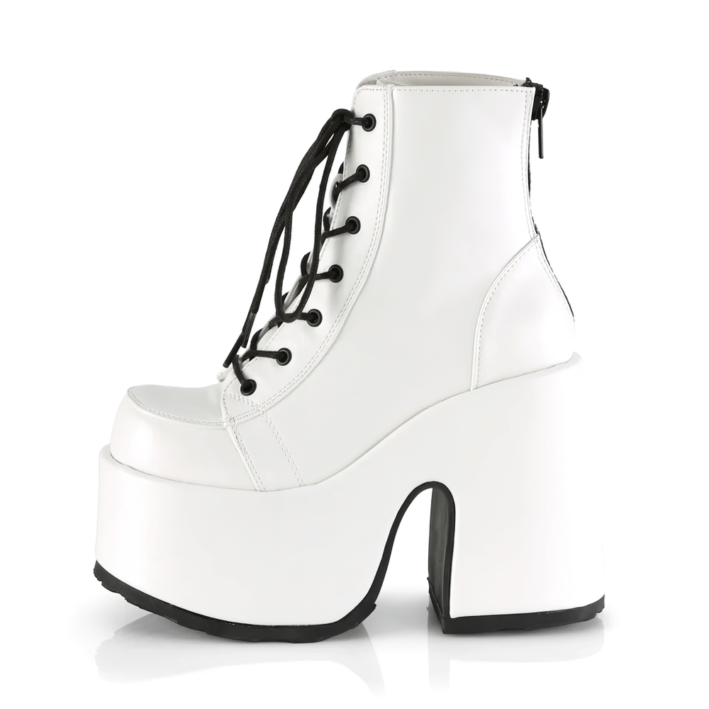 Demonia white vegan leather lace-up ankle boots with chunky platform and bold 5-inch heel for stylish elevation.