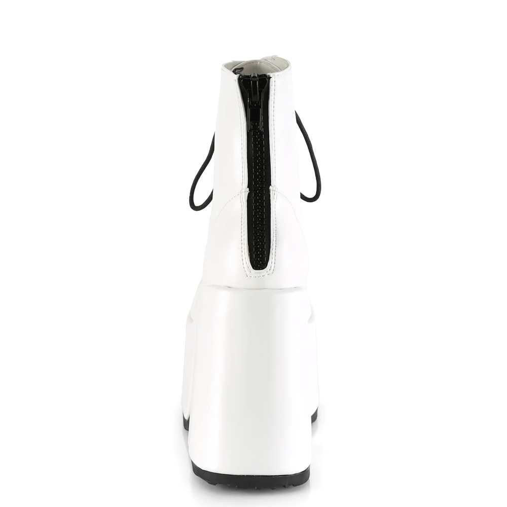 Back view of DEMONIA white vegan leather lace-up ankle boots with chunky heel and back zip closure.