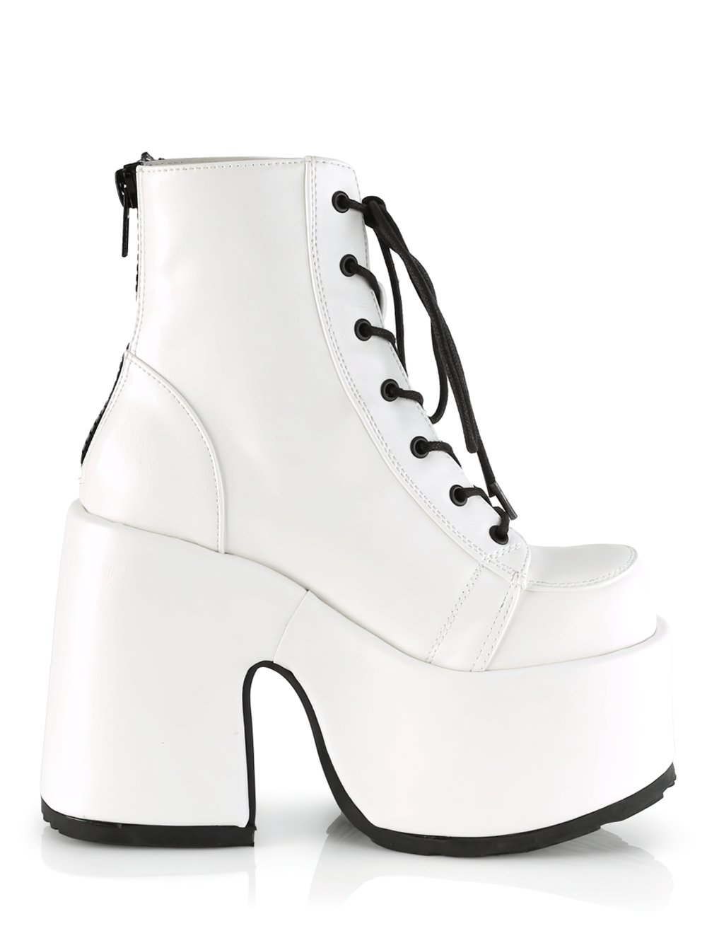 Demonia white vegan leather lace-up ankle boots with chunky heel and platform side view.
