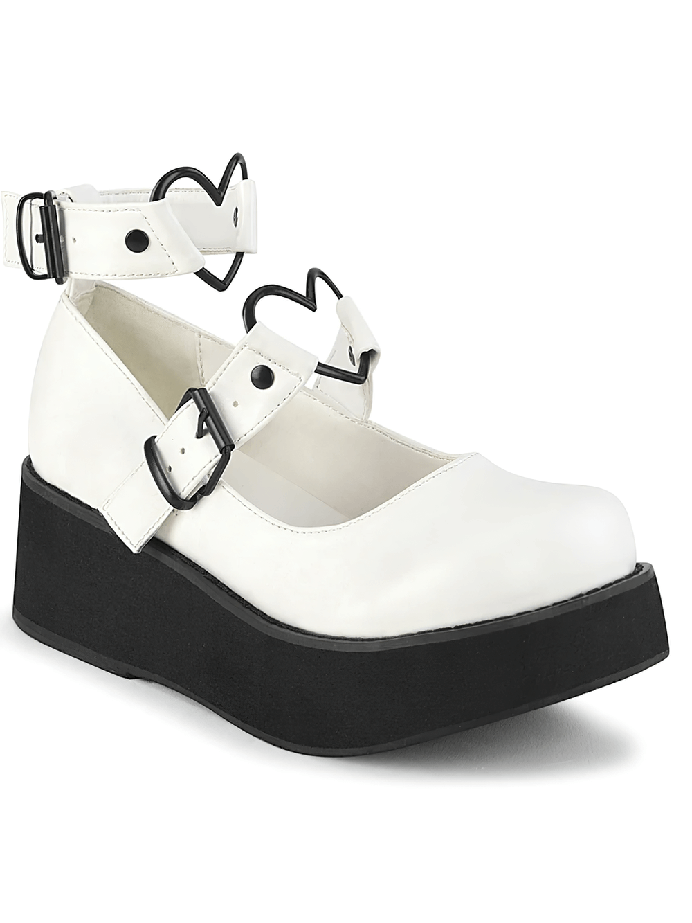 Demonia white vegan leather Mary Janes with heart buckles and 57mm platform for a stylish punk flair.