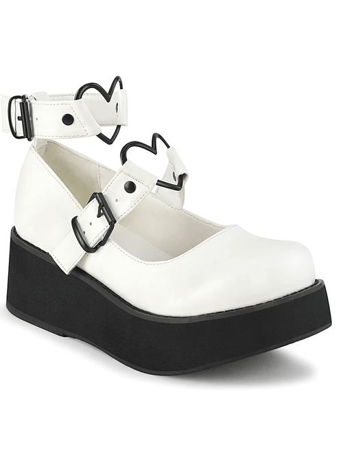DEMONIA White Vegan Leather Mary Janes with Heart Buckles
