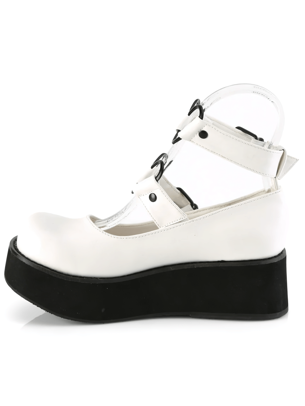 White vegan leather Mary Janes with heart buckles and platform for edgy, whimsical footwear style.