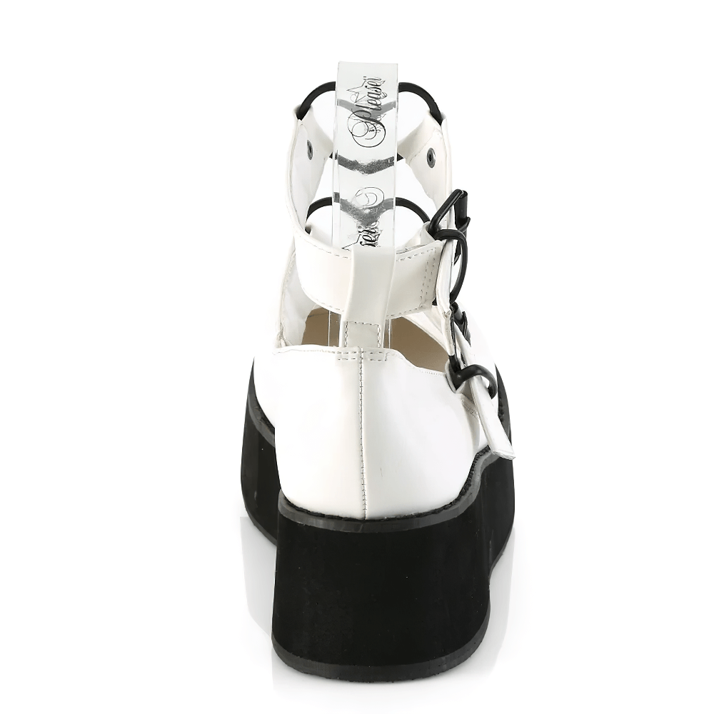DEMONIA White Vegan Leather Mary Janes with Heart Buckles
