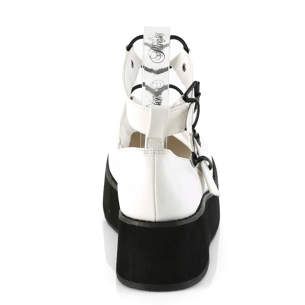 Back view of Demonia white vegan leather Mary Janes with heart buckle detail and platform sole.