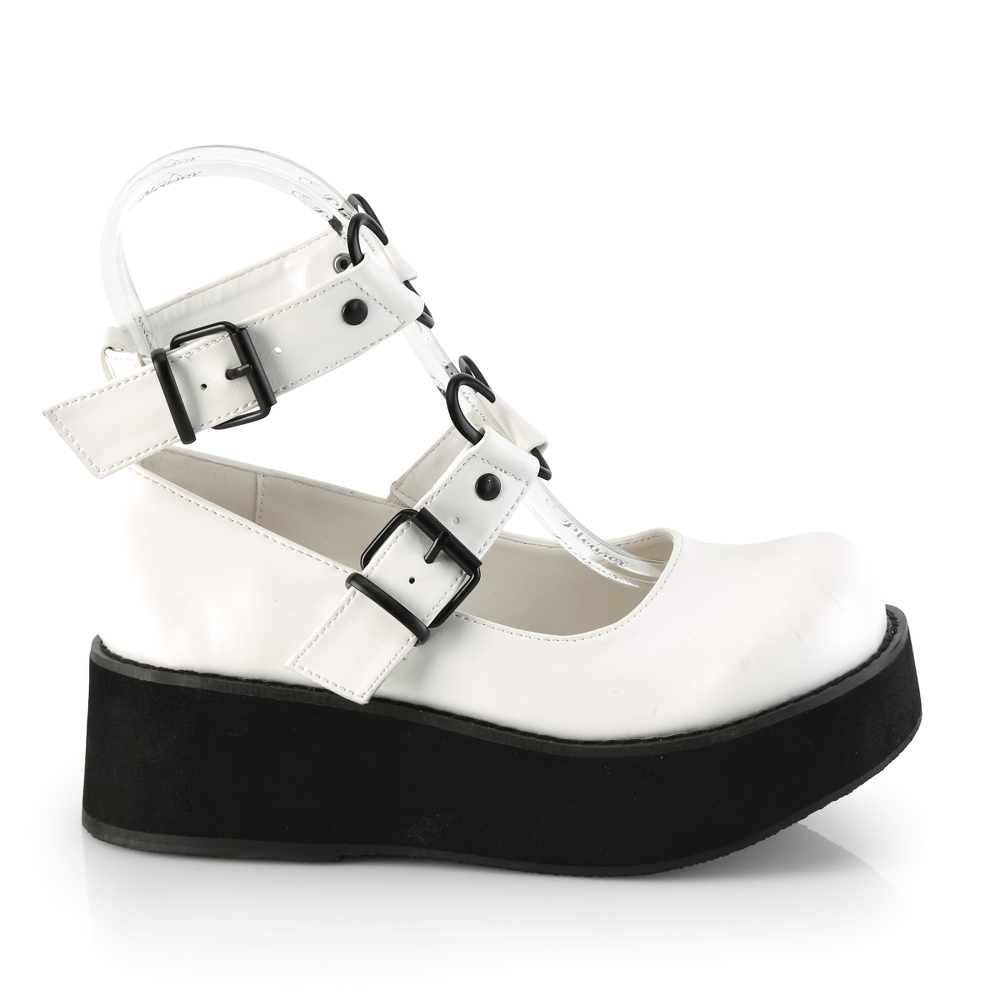 DEMONIA White Vegan Leather Mary Janes with Heart Buckles