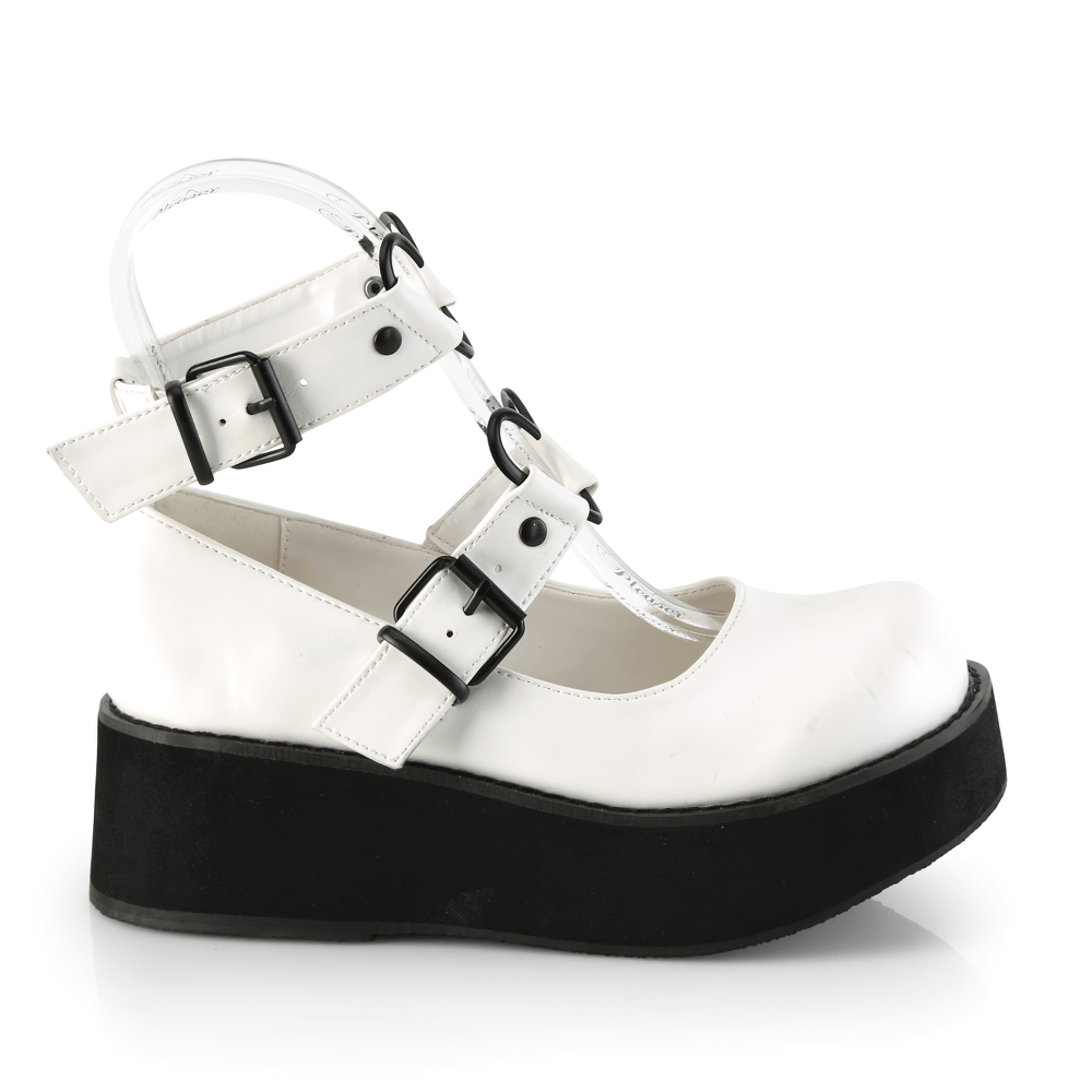Demonia white vegan leather Mary Janes with heart buckle detail on a platform sole, perfect for a charming yet edgy look.