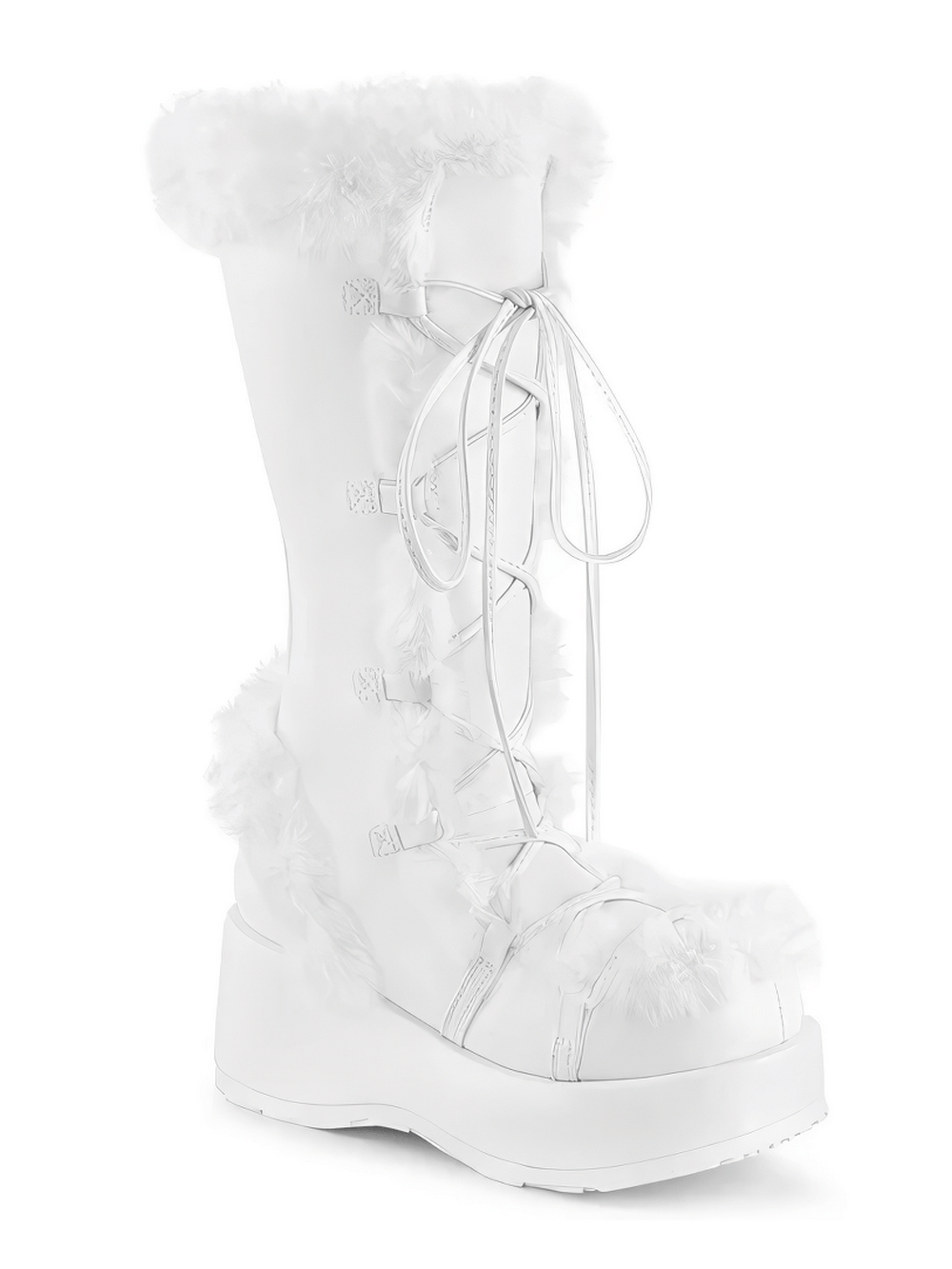Demonia white vegan leather mid-calf boot with faux fur trim and lace-up design, featuring a stylish 2.75" platform.