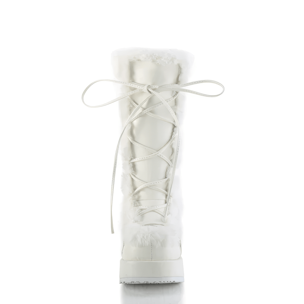 Elegant white vegan leather mid-calf boot with faux fur trim and lace-up design.