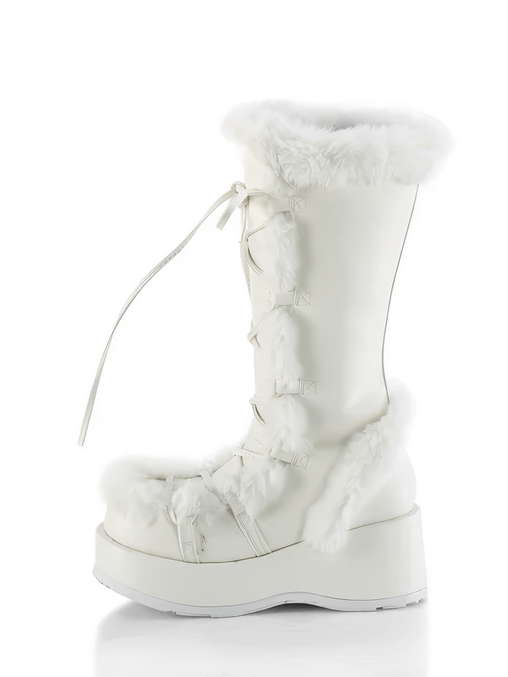 DEMONIA White Vegan Leather Mid-Calf Boot with Faux Fur
