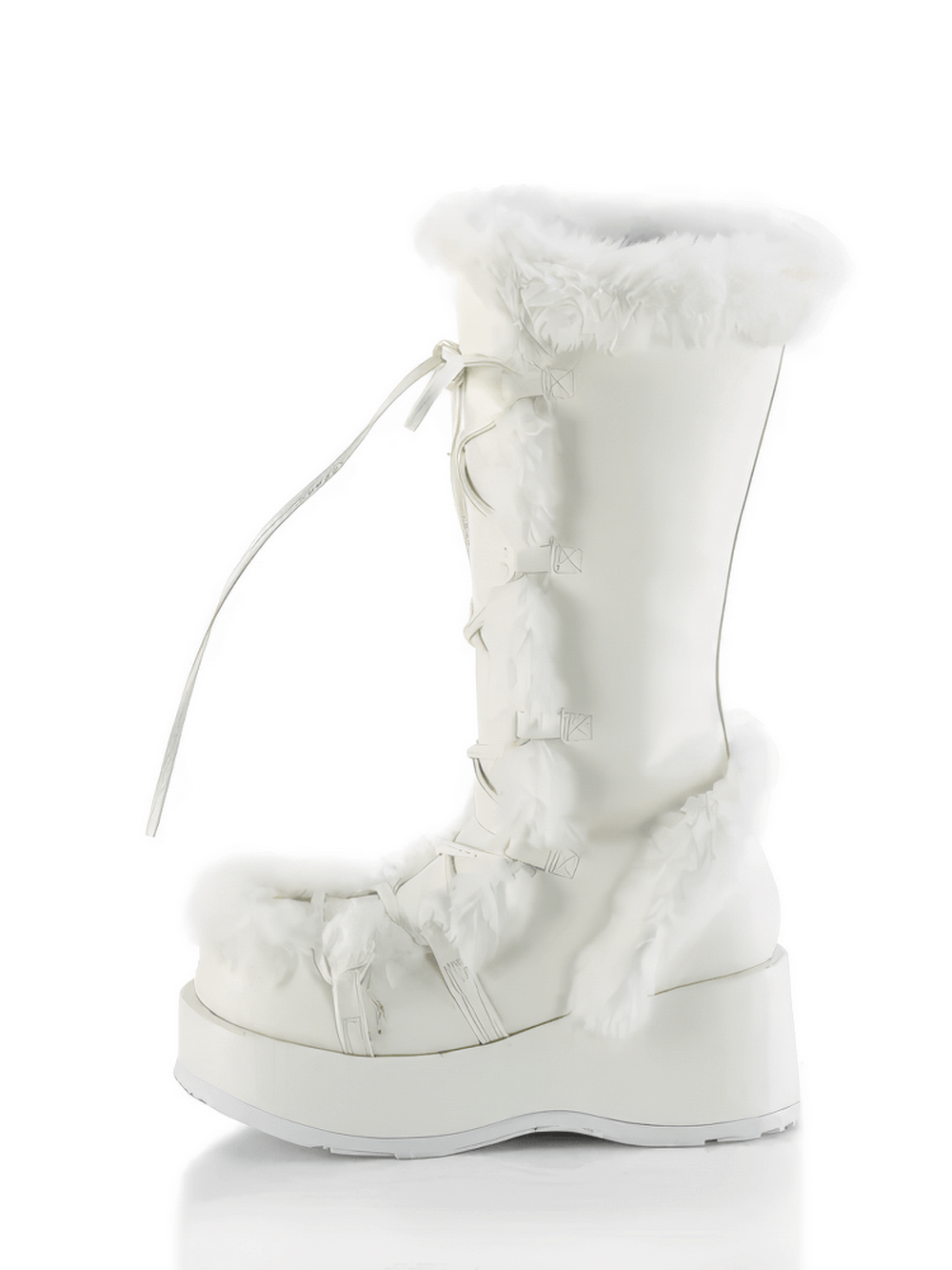 Demonia white vegan leather mid-calf boot with faux fur trim and lace-up design.