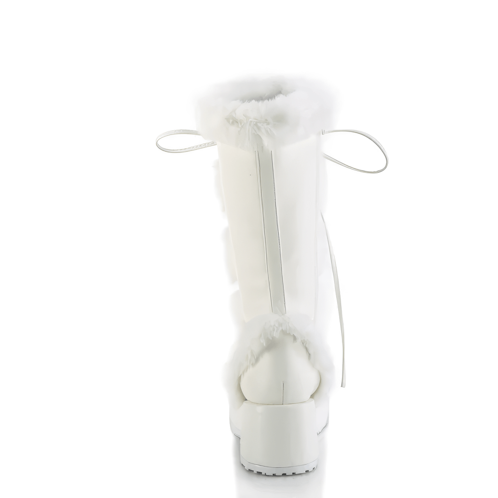 Stylish Demonia white vegan leather mid-calf boot with faux fur trim and lace-up back detail.