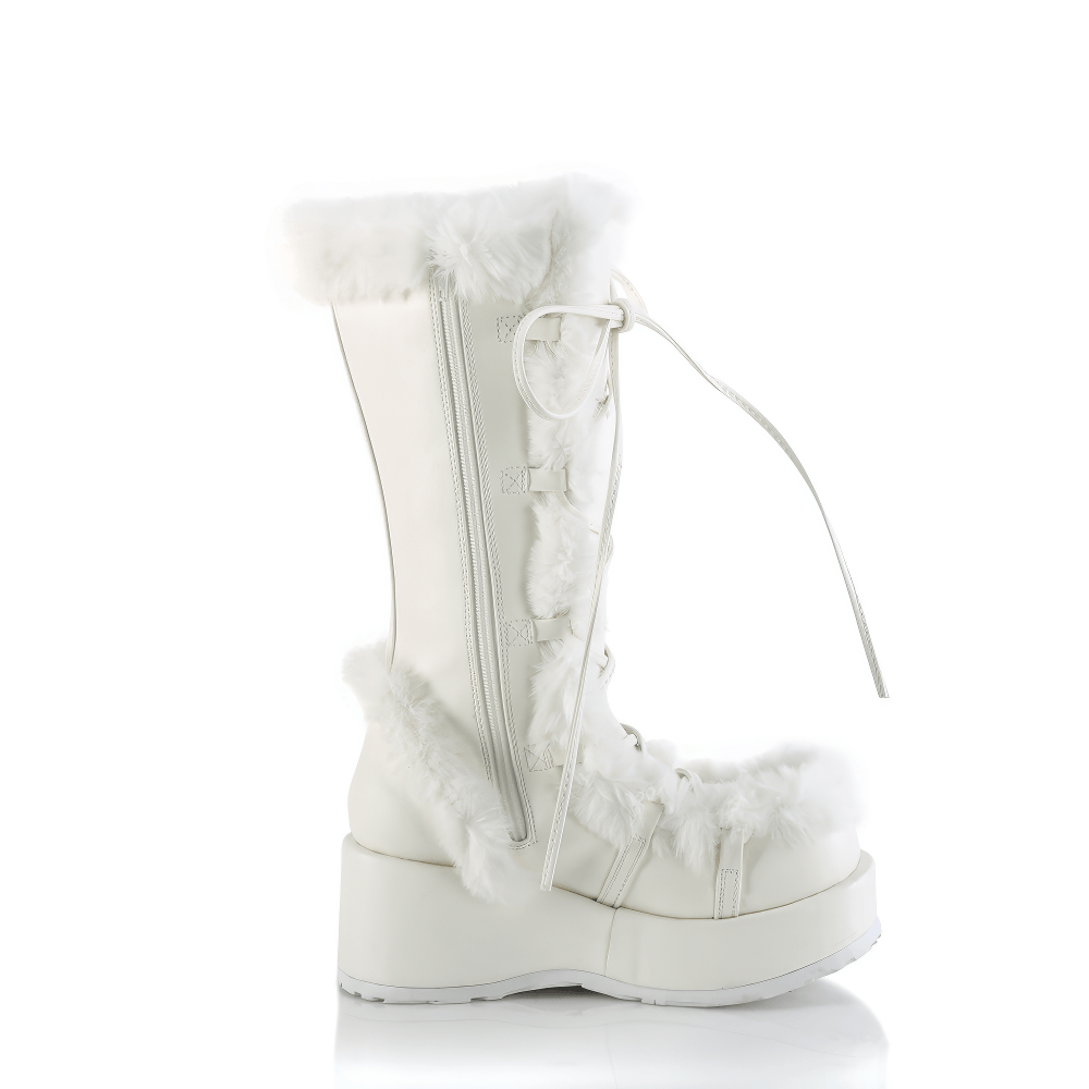 DEMONIA White Vegan Leather Mid-Calf Boot with Faux Fur