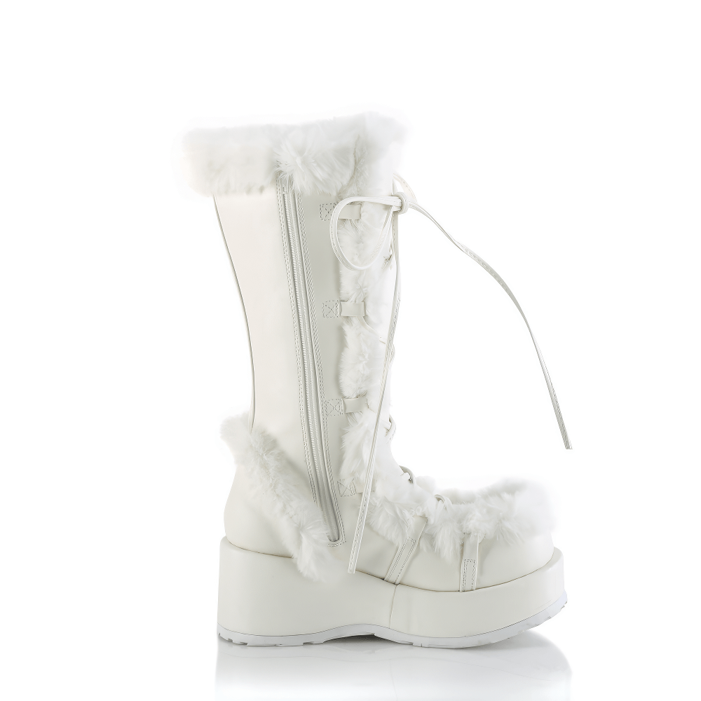 Demonia white vegan leather mid-calf boots with faux fur trim and 2.75" platform, showcasing a chic zip and lace-up design.