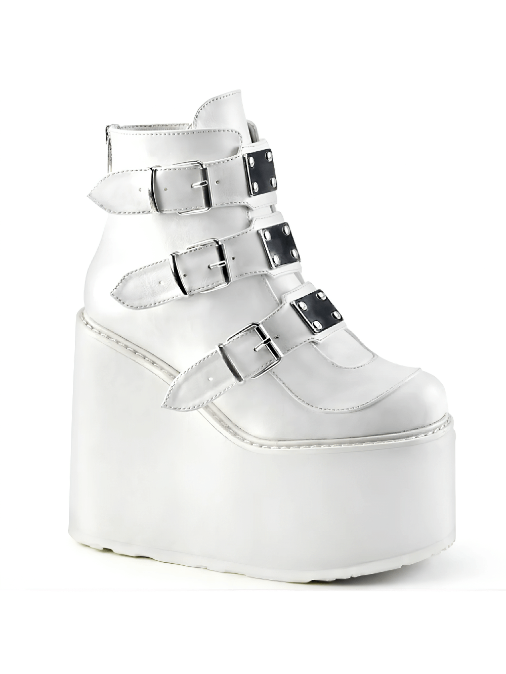 DEMONIA White Wedge Platform Ankle Boots with Buckles