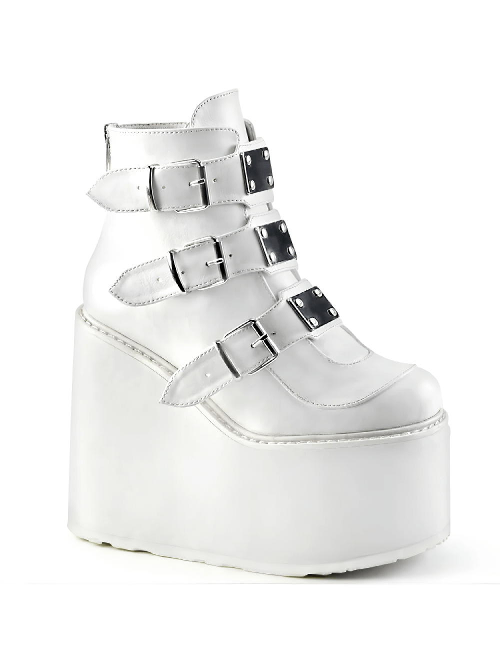 Demonia White Wedge Platform Ankle Boots with triple buckle straps and back zipper for stylish height.
