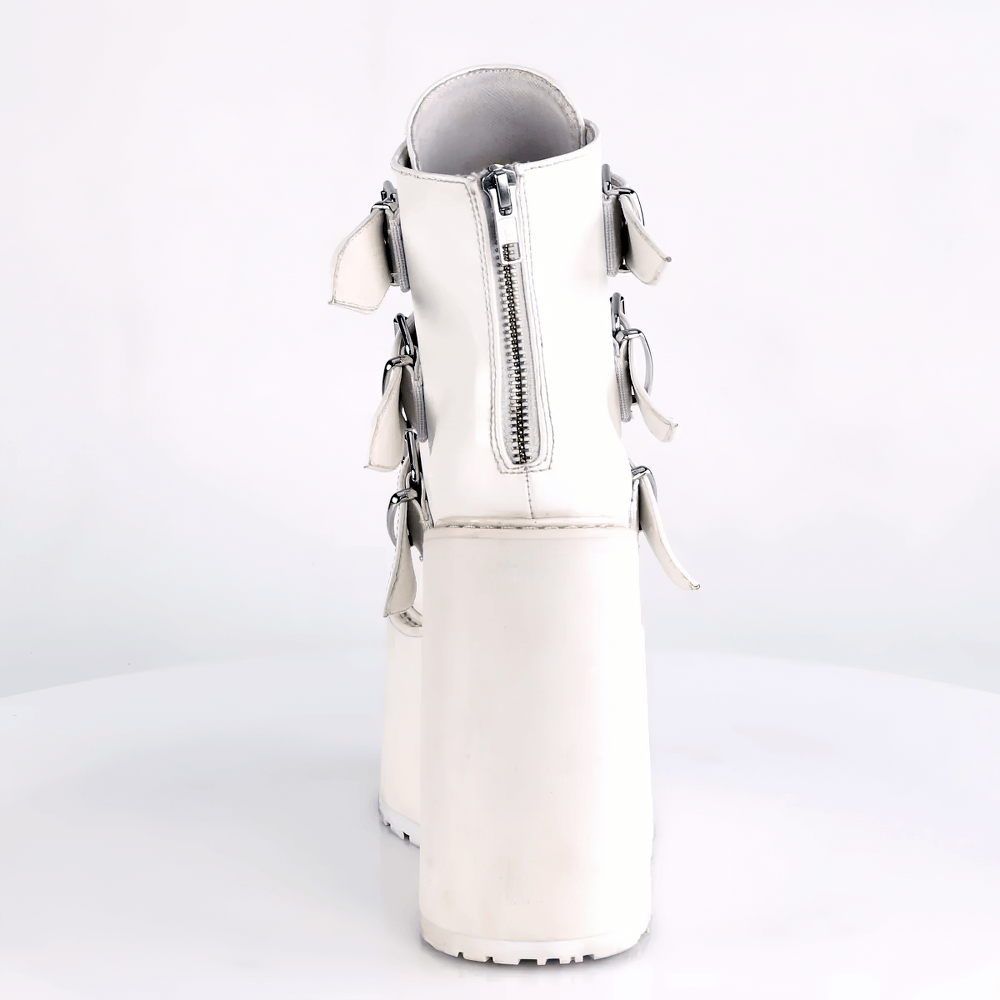 Back view of DEMONIA white wedge platform ankle boots featuring triple buckle straps and a back zipper.
