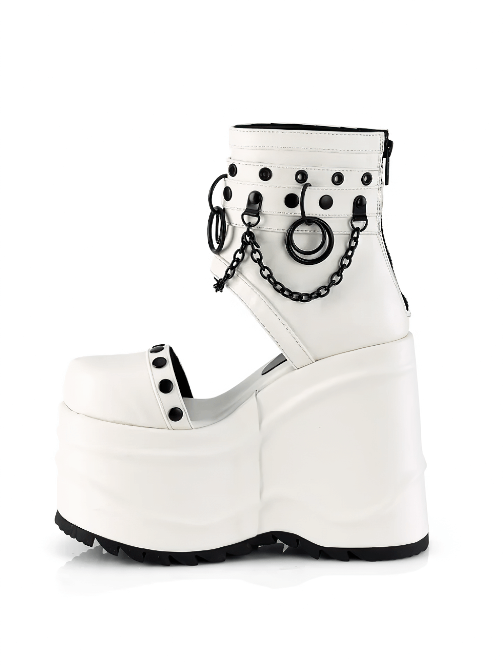 Demonia white wedge platform booties with chains and O-rings, featuring stud details and a 6-inch towering platform.