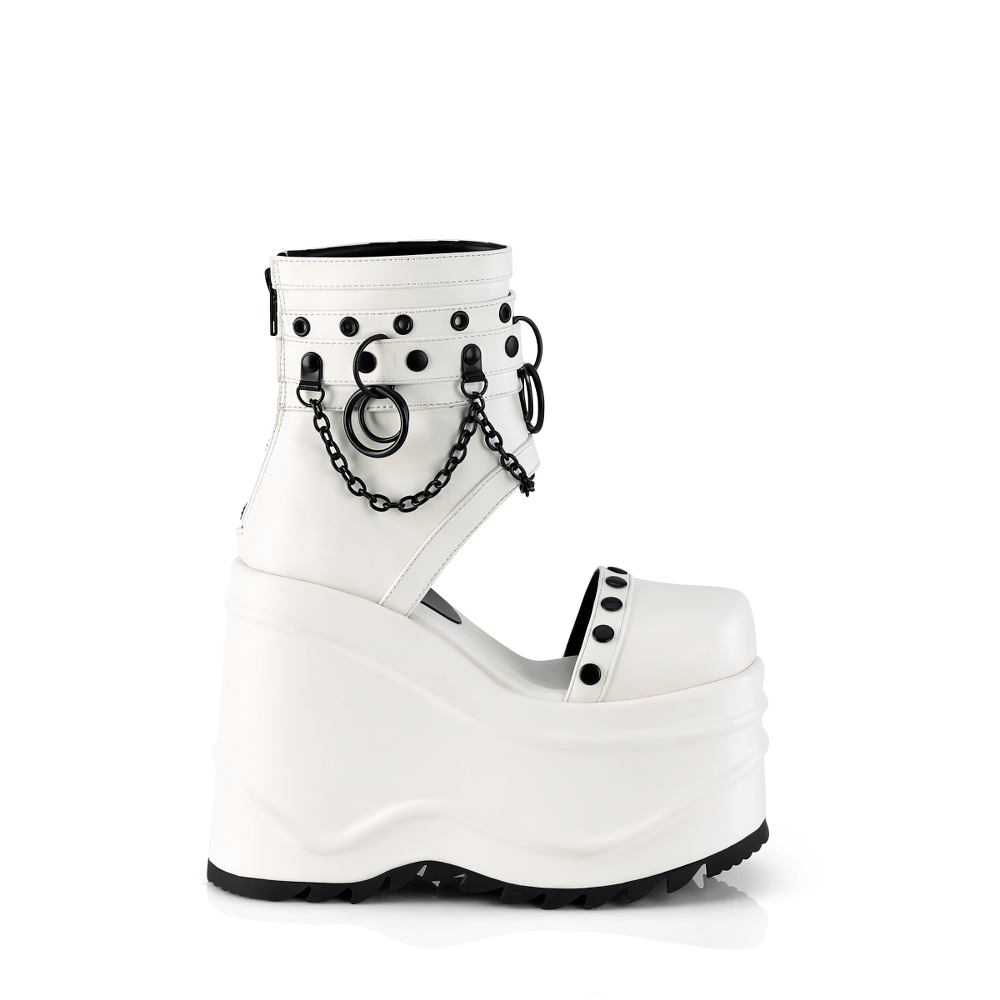Demonia white wedge platform booties with chains and O-rings, featuring stud detail and 6-inch height.